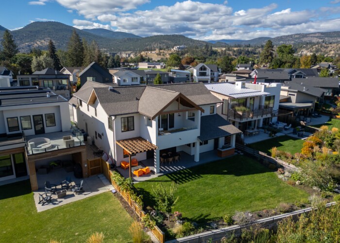 Drone shot backyard pergola Summerland house